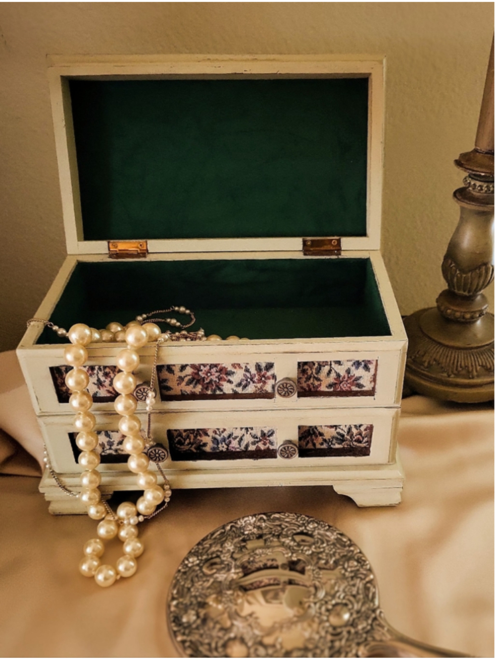 Vintage Music Box Jewelry Chest • Hand-Refinished • Floral Tapestry Panels •